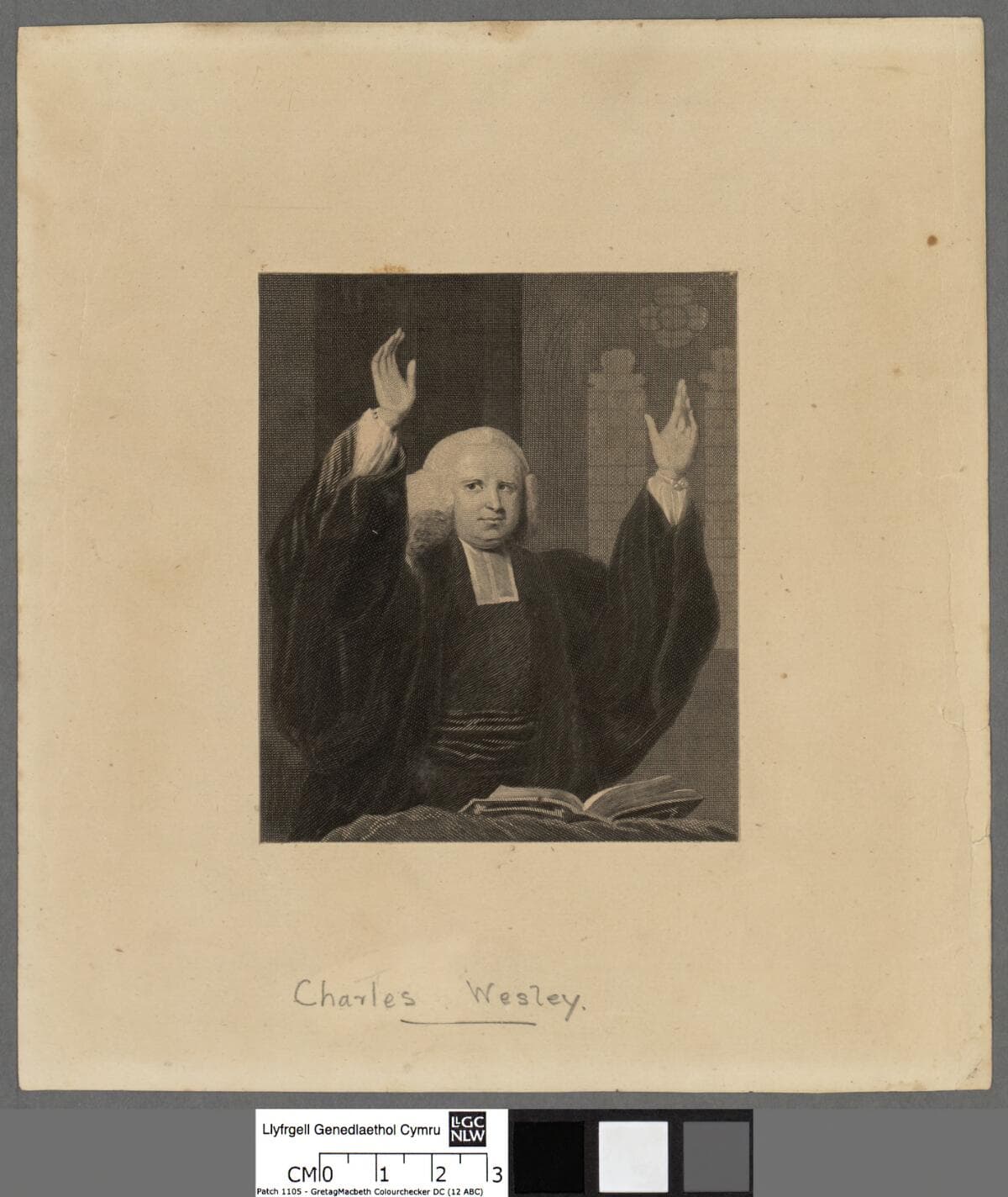 Sztychowany portret Charlesa Wesleya w stroju duchownego anglikańskiego