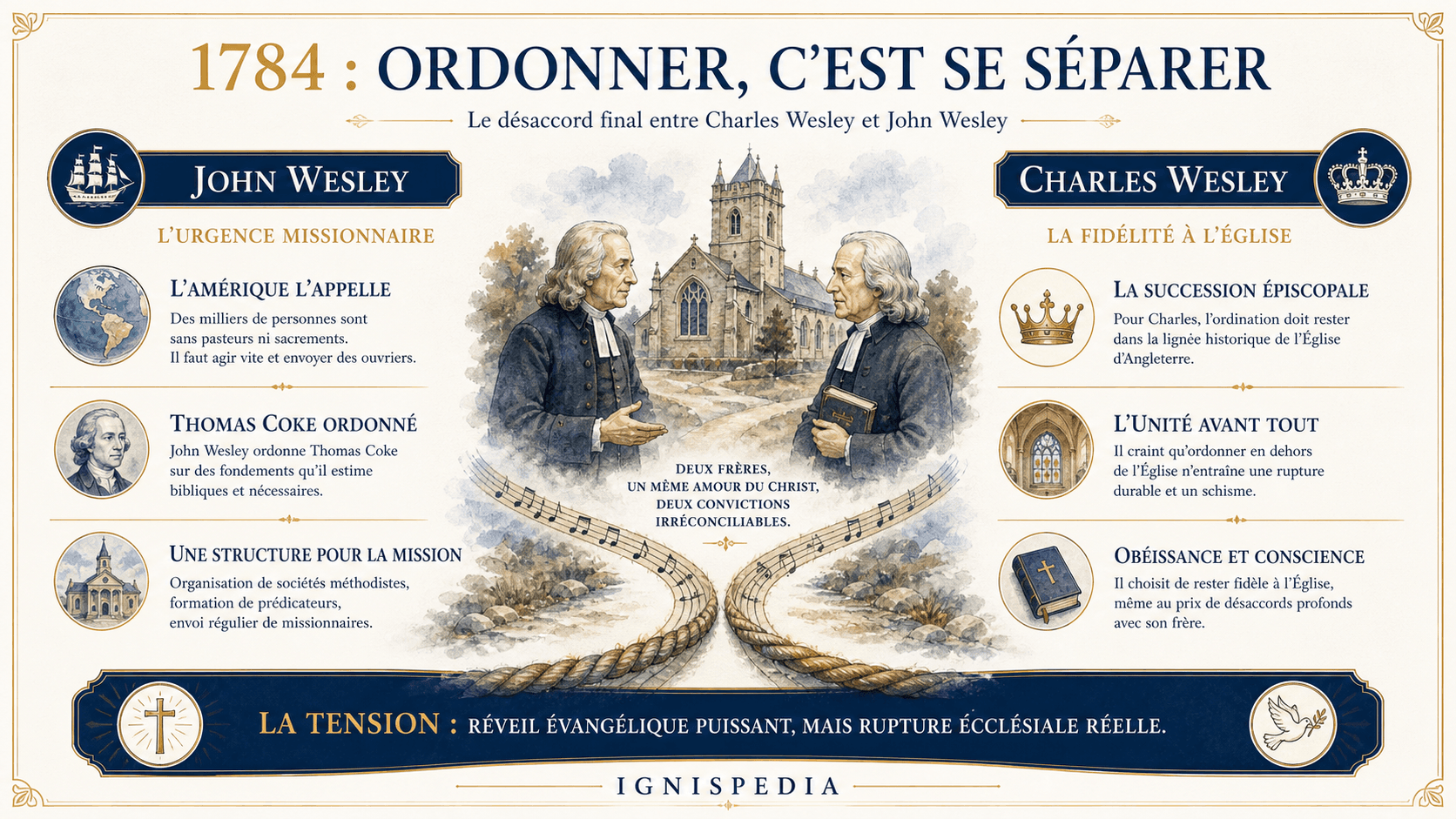 Infografika wyjaśniająca spór między Johnem Wesleyem a Charlesem Wesleyem o ordynacje z 1784