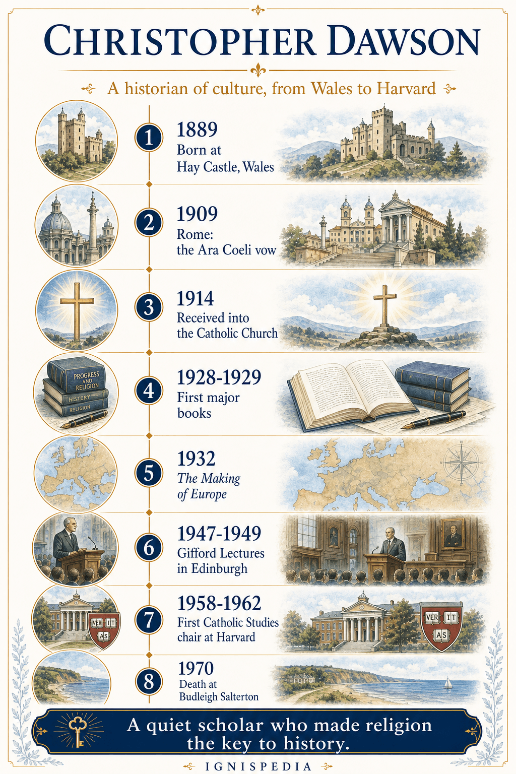 Illustrated timeline of Christopher Dawson's life from 1889 to Harvard