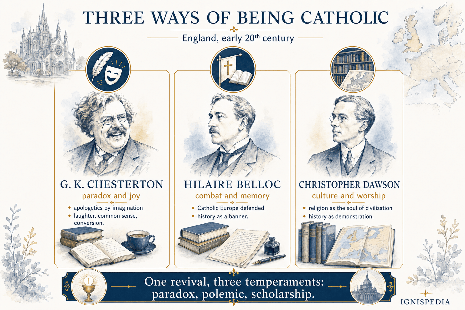 Infographic comparing Chesterton, Belloc, and Dawson in the English Catholic revival