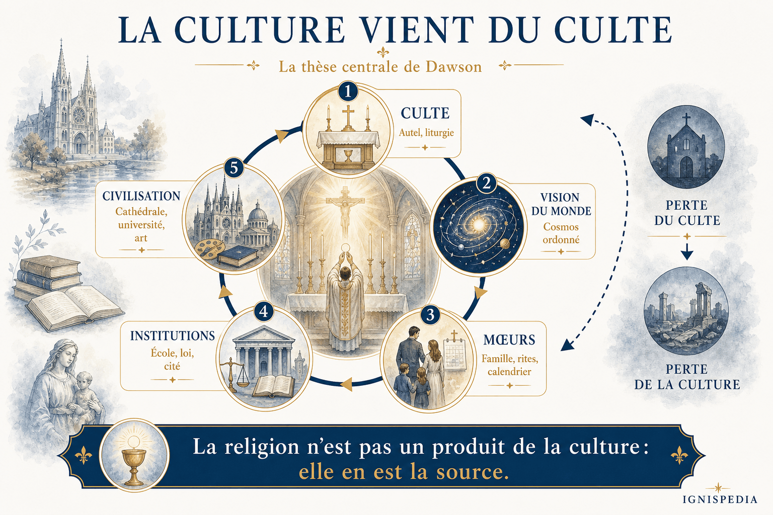 Infographie expliquant la thèse de Dawson : la culture vient du culte