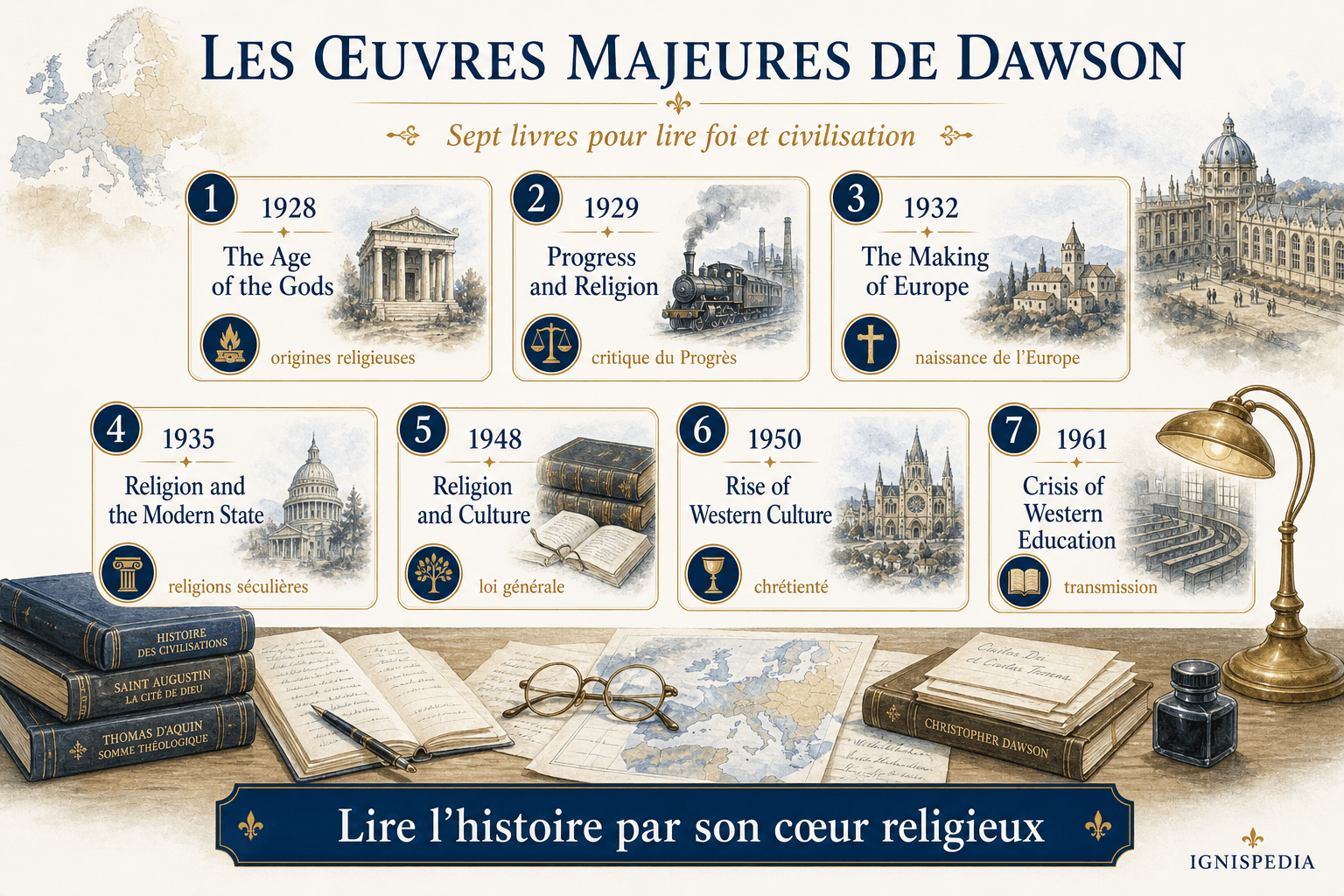 Infographie présentant les œuvres majeures de Christopher Dawson