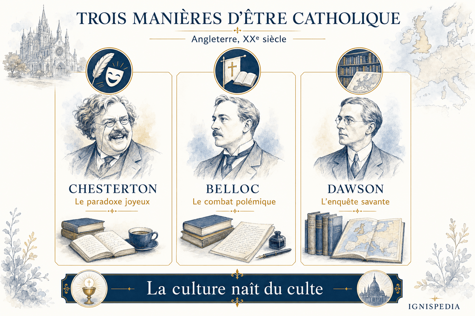 Infographie comparant Chesterton, Belloc et Dawson dans le renouveau catholique anglais