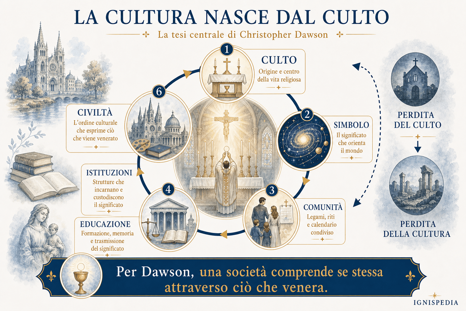 Infografica che spiega la tesi di Dawson: la cultura nasce dal culto
