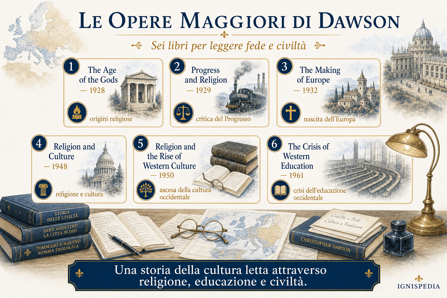 Infografica che presenta le opere principali di Christopher Dawson