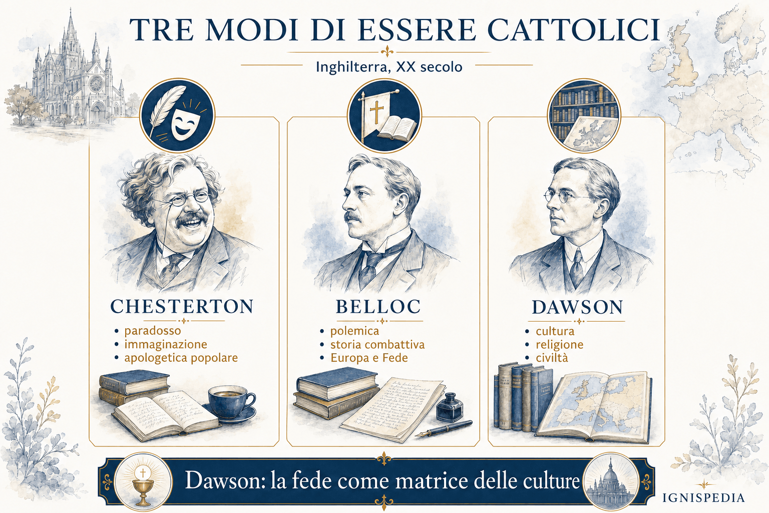 Infografica che confronta Chesterton, Belloc e Dawson nel rinascimento cattolico inglese