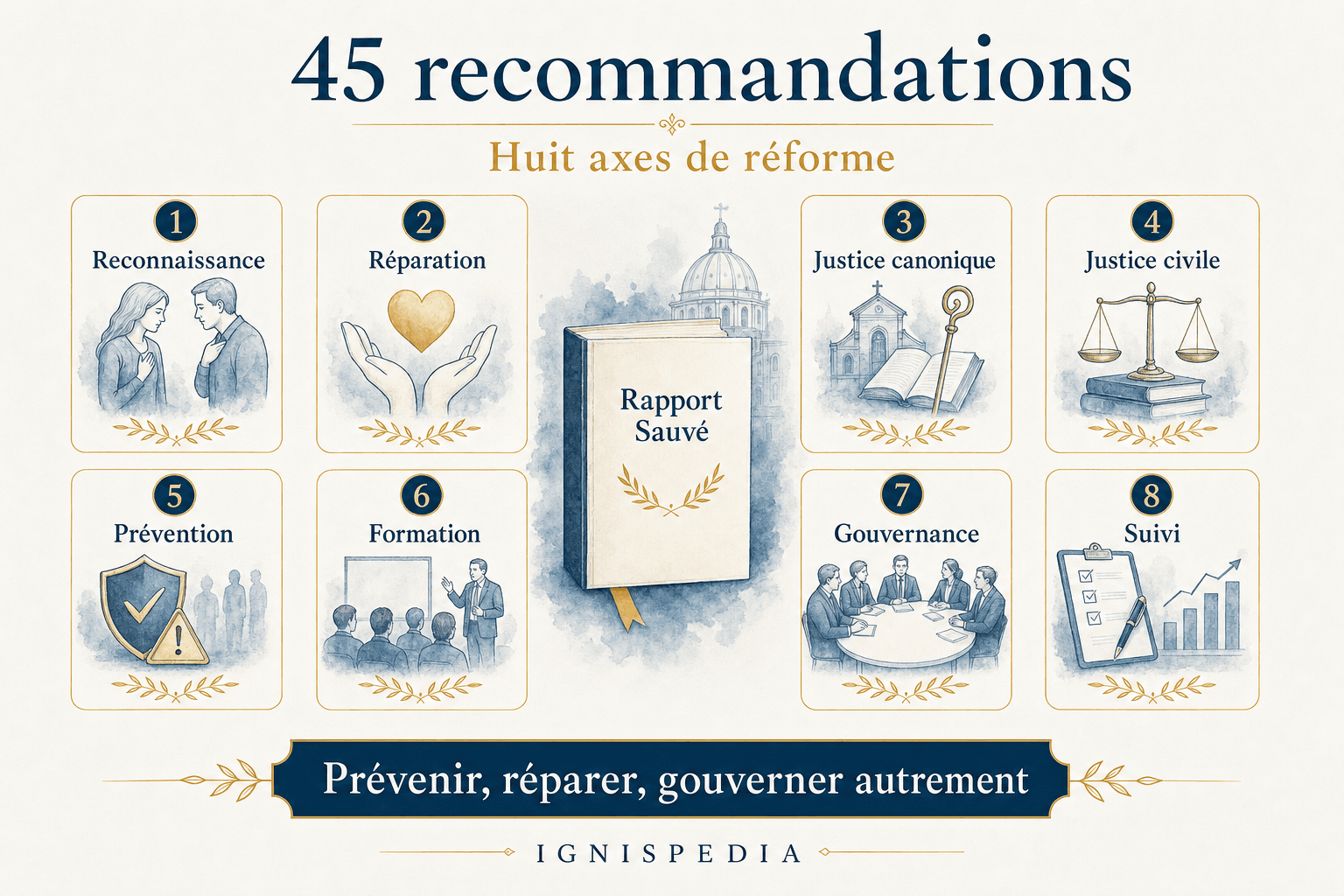 Infographie des 45 recommandations du rapport Sauvé organisées en huit axes