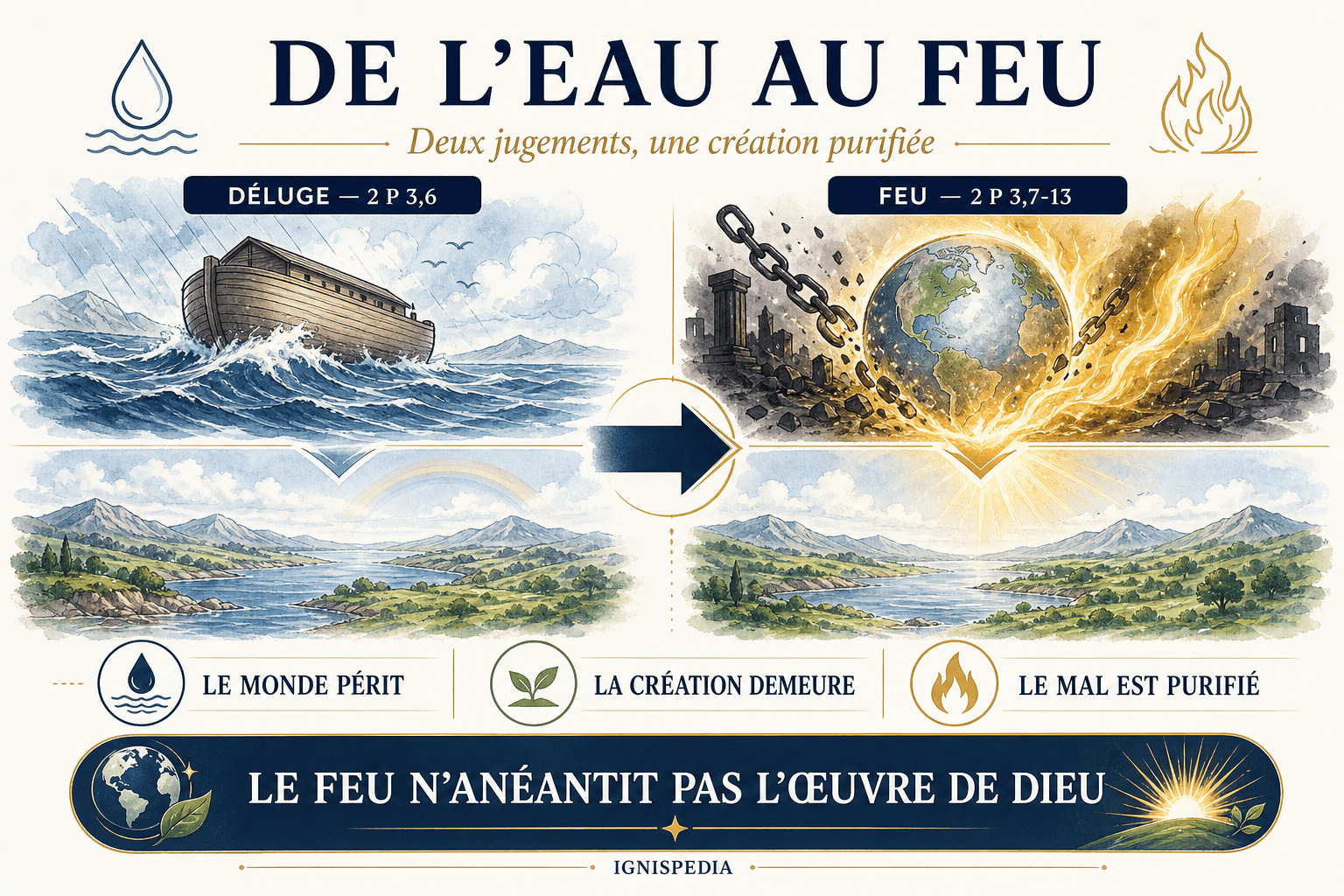 Infographie comparant le Deluge et le feu de la fin : deux jugements qui purifient sans aneantir la creation