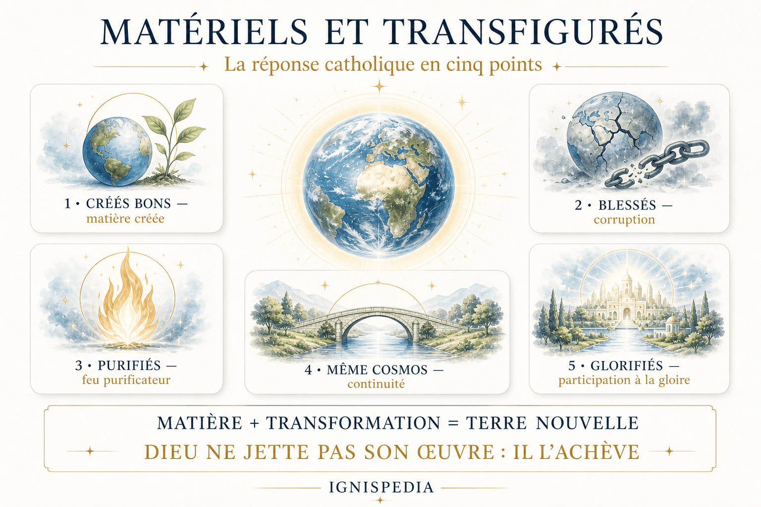Infographie de synthèse en cinq points : créés bons, blessés, purifiés, même cosmos et glorifiés