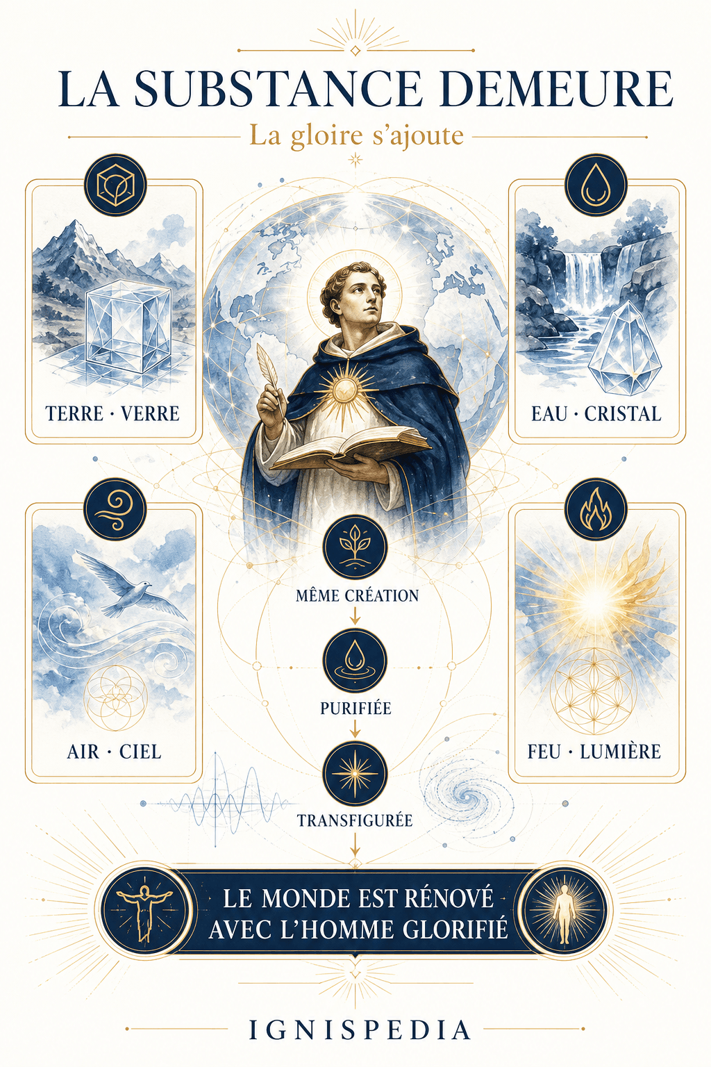 Infographie de la doctrine de saint Thomas : la substance demeure, la gloire s'ajoute, les quatre elements rendus diaphanes
