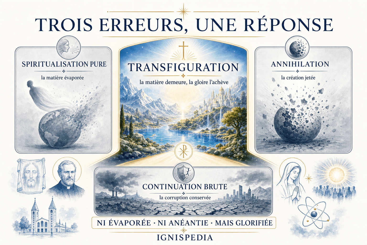 Infographie des trois manieres de se tromper sur la nouvelle terre : spiritualisation, annihilation, continuation brute