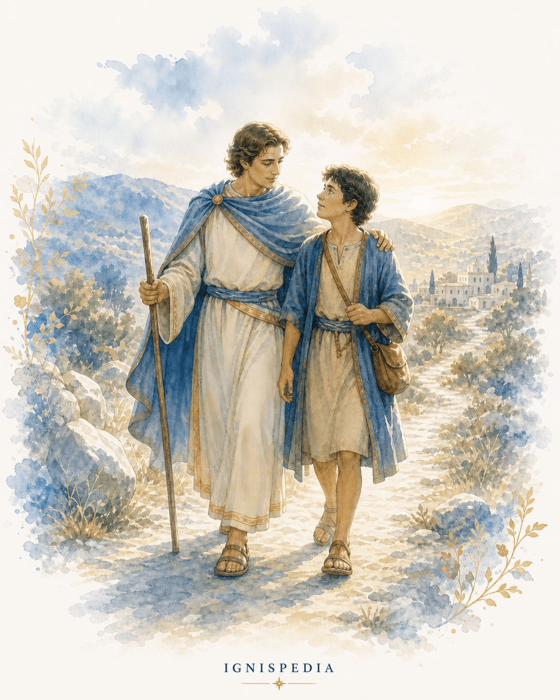 El joven Tobías guiado por el camino por el ángel Rafael — ilustración en acuarela