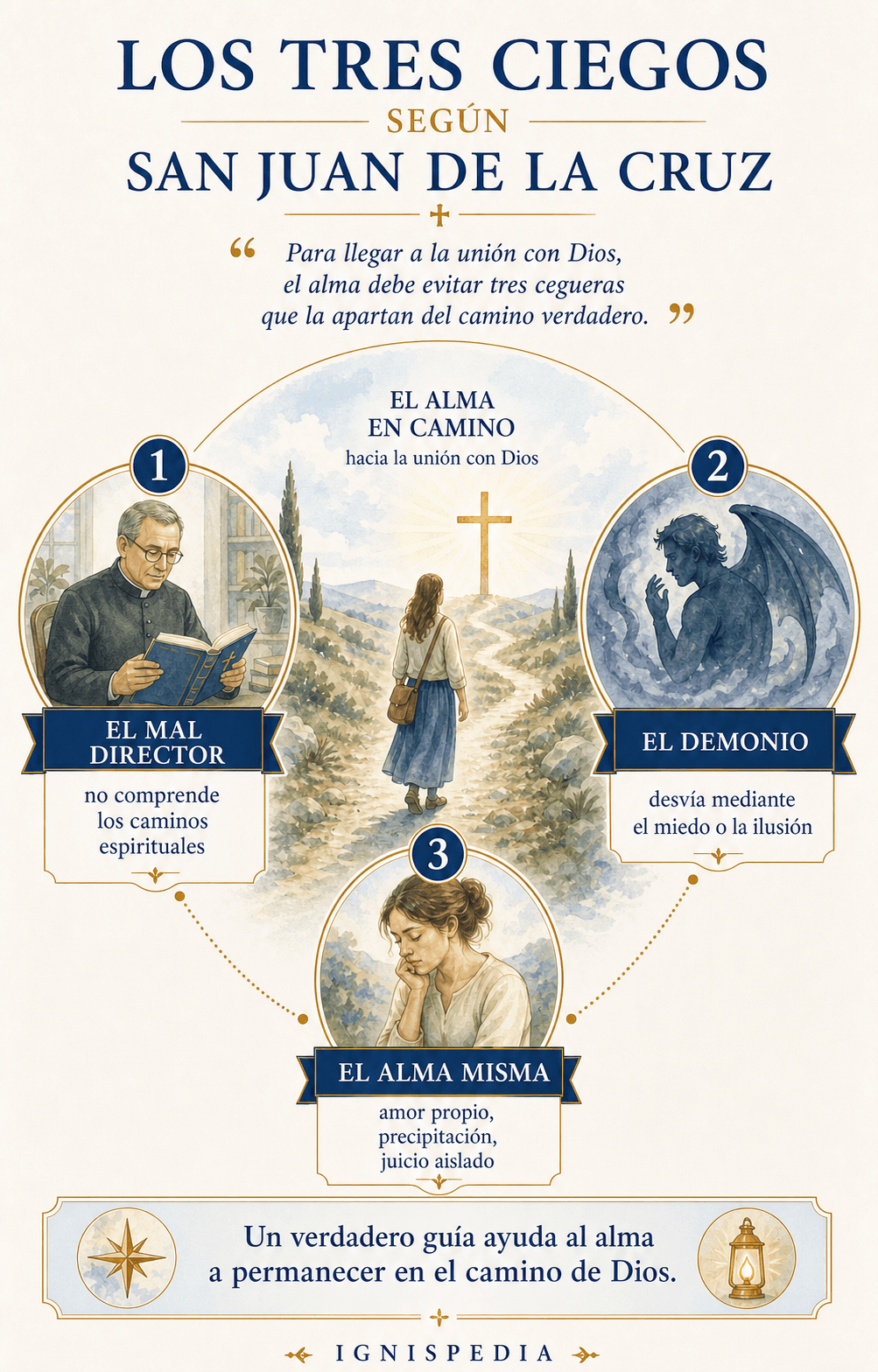 Infografía: los tres ciegos de san Juan de la Cruz que pueden extraviar al alma — el mal director, el demonio y el alma misma