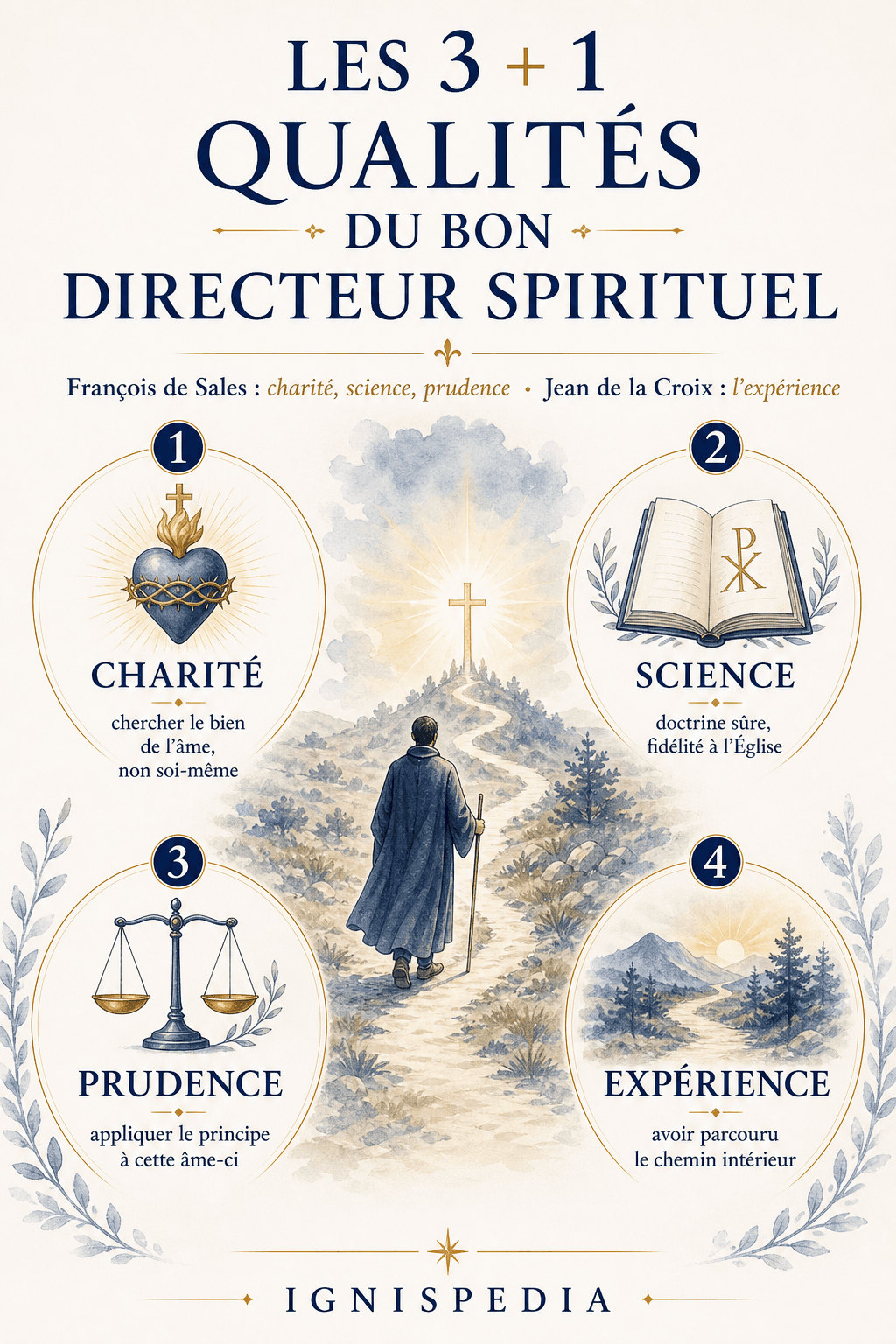 Infografia: as três qualidades do bom diretor espiritual segundo São Francisco de Sales — caridade, ciência, prudência — mais a experiência segundo São João da Cruz