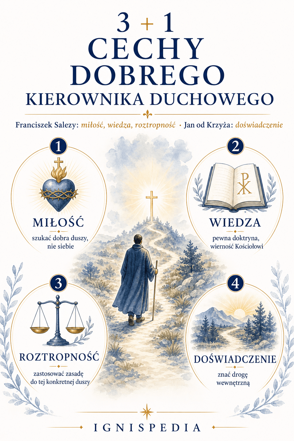 Infografika: trzy cechy dobrego kierownika duchowego według św. Franciszka Salezego — miłość, wiedza, roztropność — oraz doświadczenie według św. Jana od Krzyża