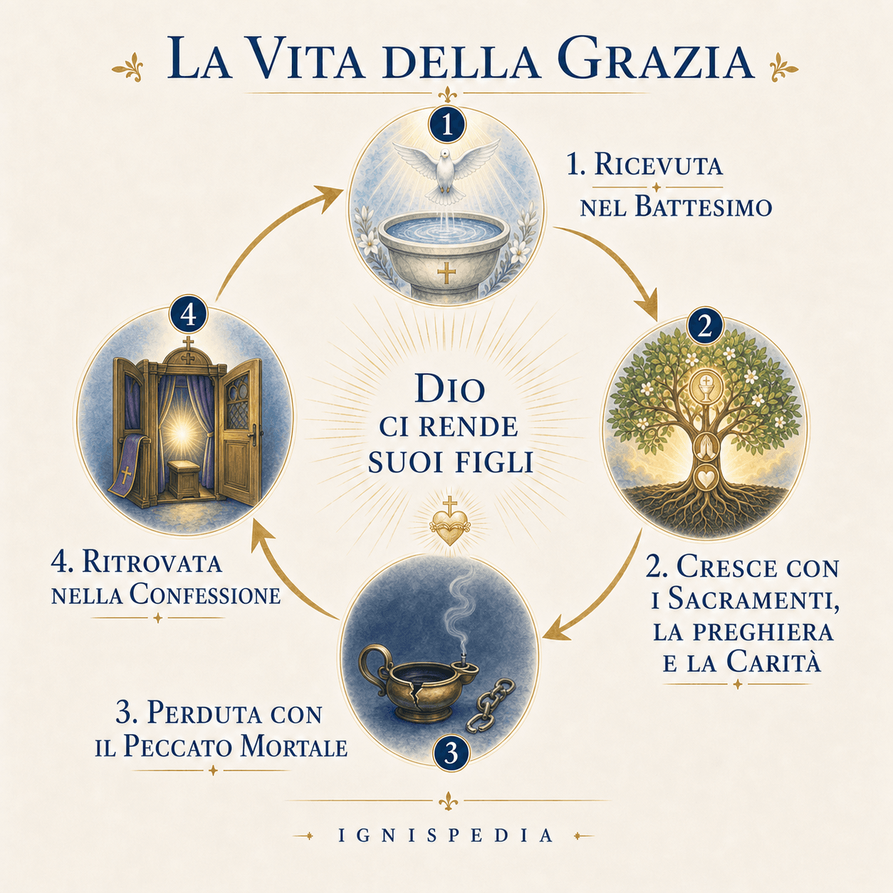 Infografica: il ciclo della grazia santificante — ricevuta nel Battesimo, perduta con il peccato mortale, ritrovata nella Confessione, accresciuta dai sacramenti e dalla carità