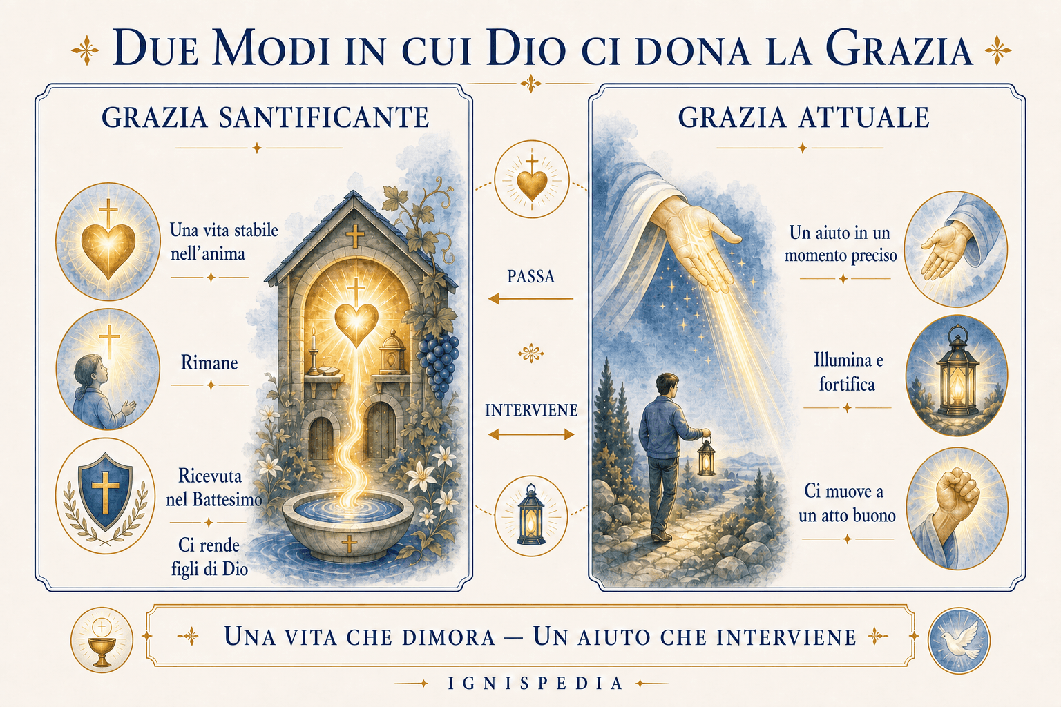 Infografica che confronta la grazia santificante, vita stabile, e la grazia attuale, aiuto puntuale