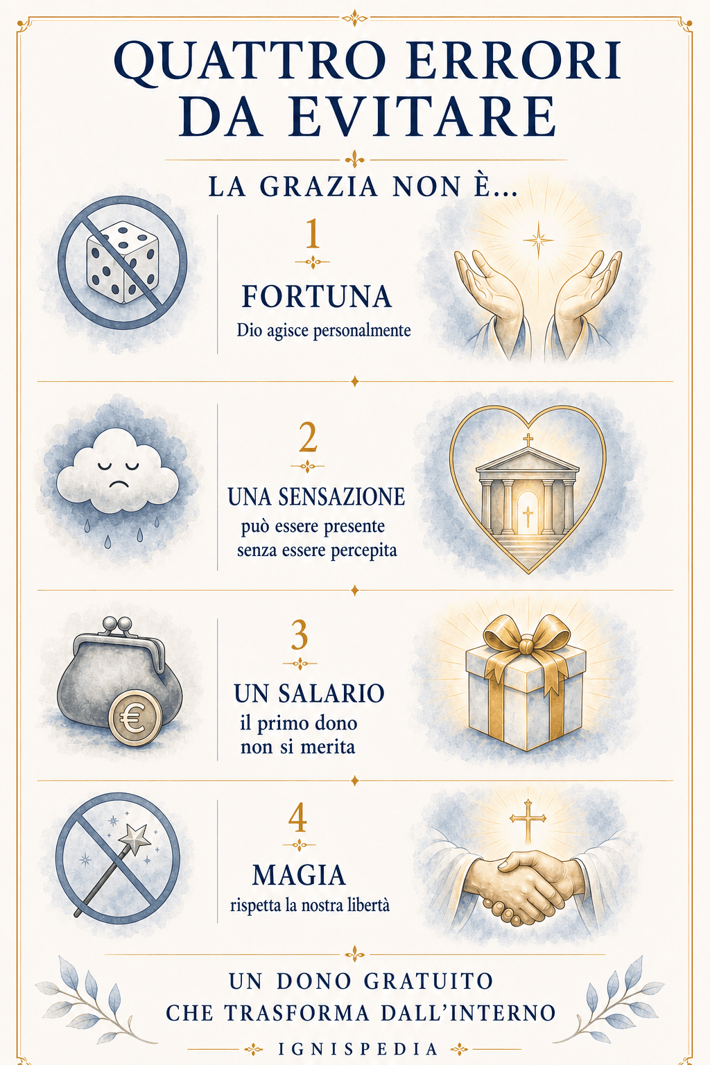 Infografica: ciò che la grazia non è — fortuna, sensazione, salario o magia — e ciò che è realmente