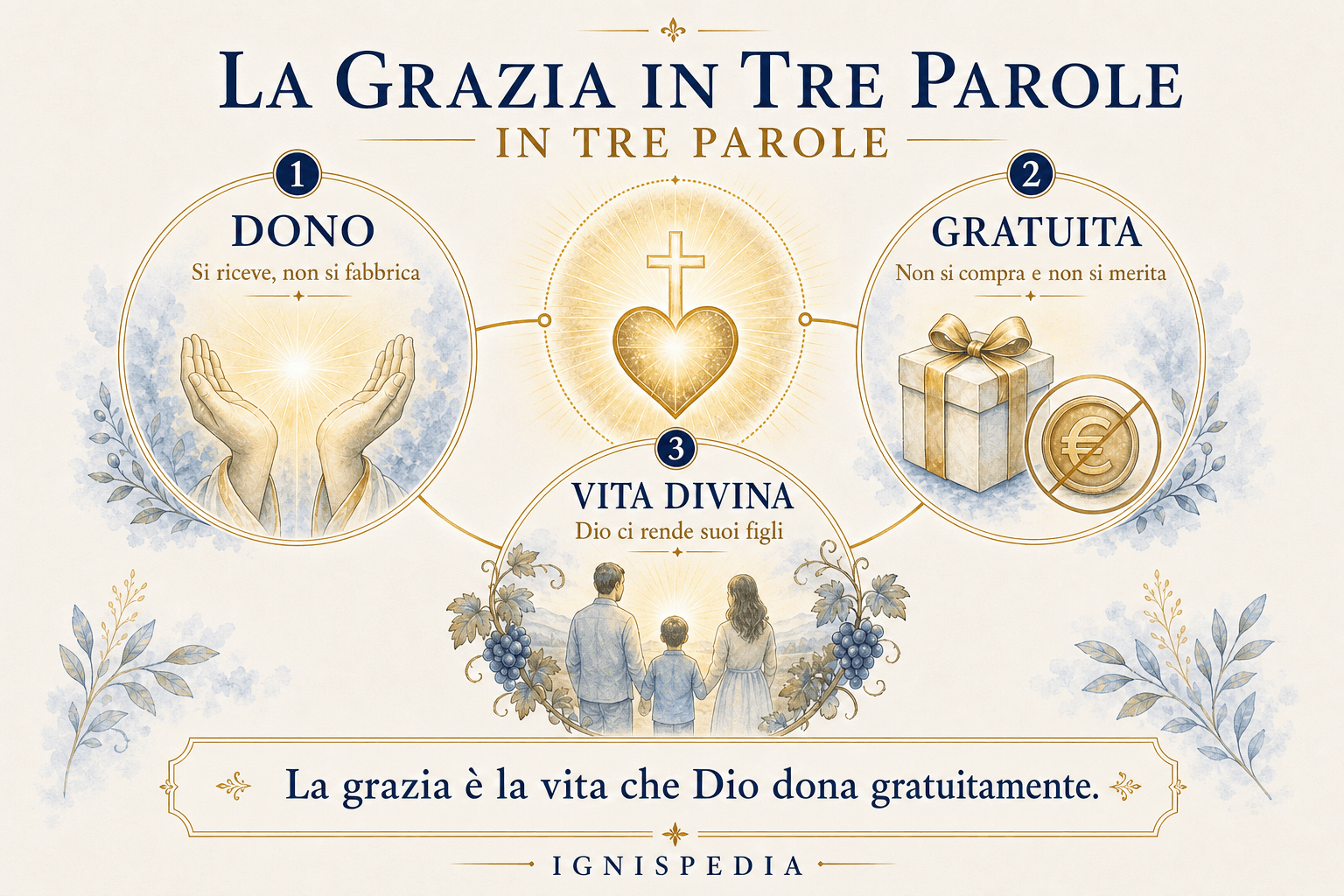 Infografica: spiegare la grazia in tre parole — dono, gratuita, vita divina