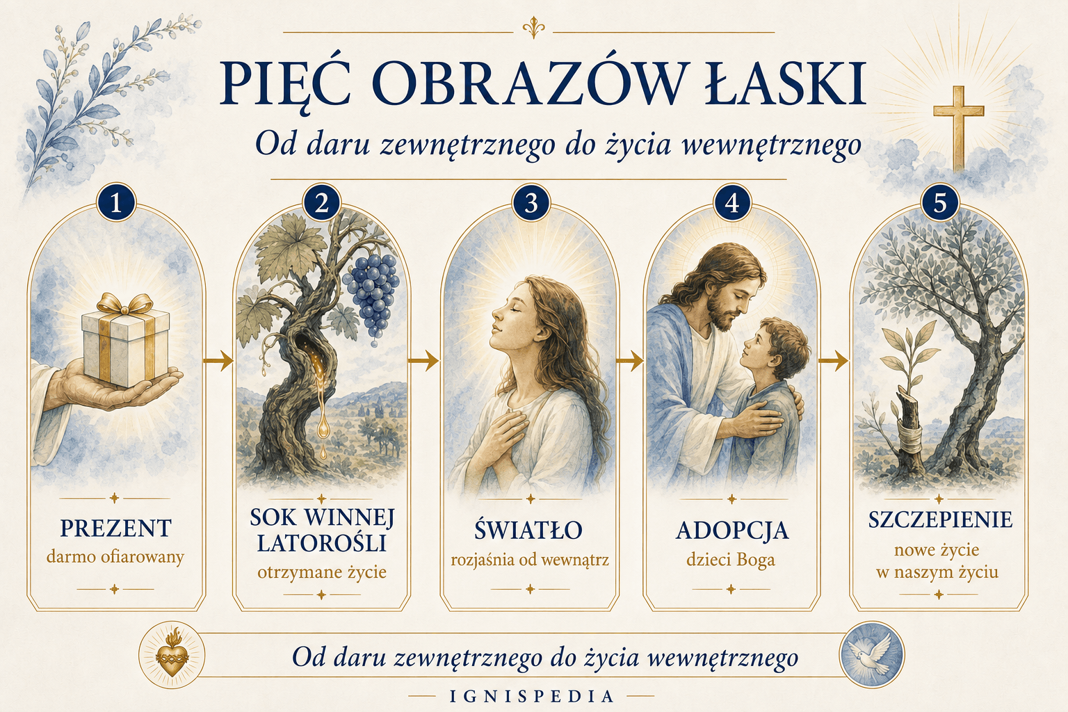 Infografika: pięć obrazów pomagających zrozumieć łaskę — dar, sok w winorośli, światło, adopcja, szczepienie