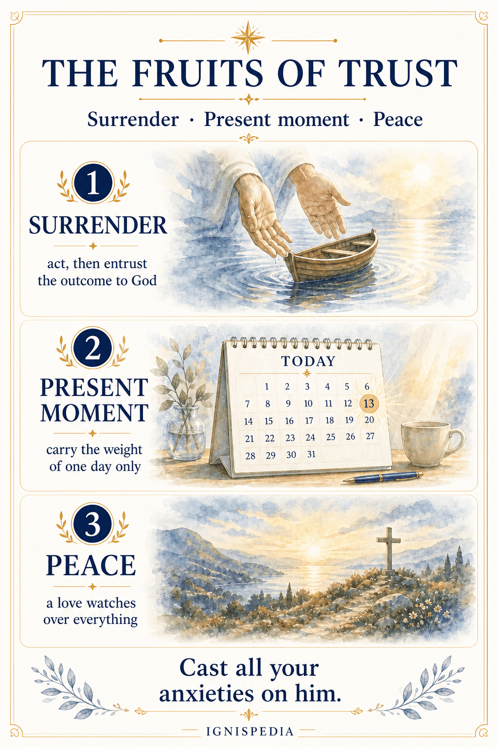 Ignispedia infographic: the fruits of trust in Providence — surrender, present moment, and peace.