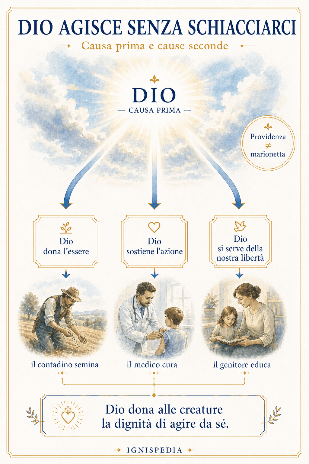 Infografica Ignispedia: Dio agisce come causa prima senza schiacciare le cause seconde, il contadino, il medico e il genitore agiscono davvero.