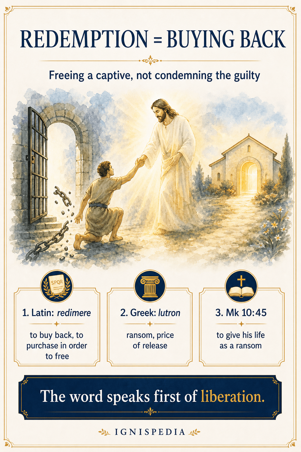 Infographic: Redemption comes from the Latin redimere, to buy back, and the Greek lutron, ransom — buying back a captive to restore freedom