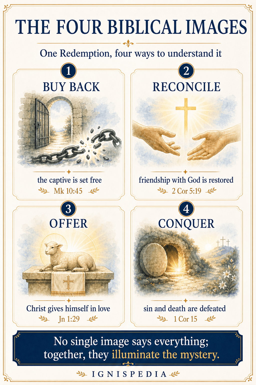 Infographic: the four great biblical images of Redemption — buying back, reconciling, offering in sacrifice, and conquering death