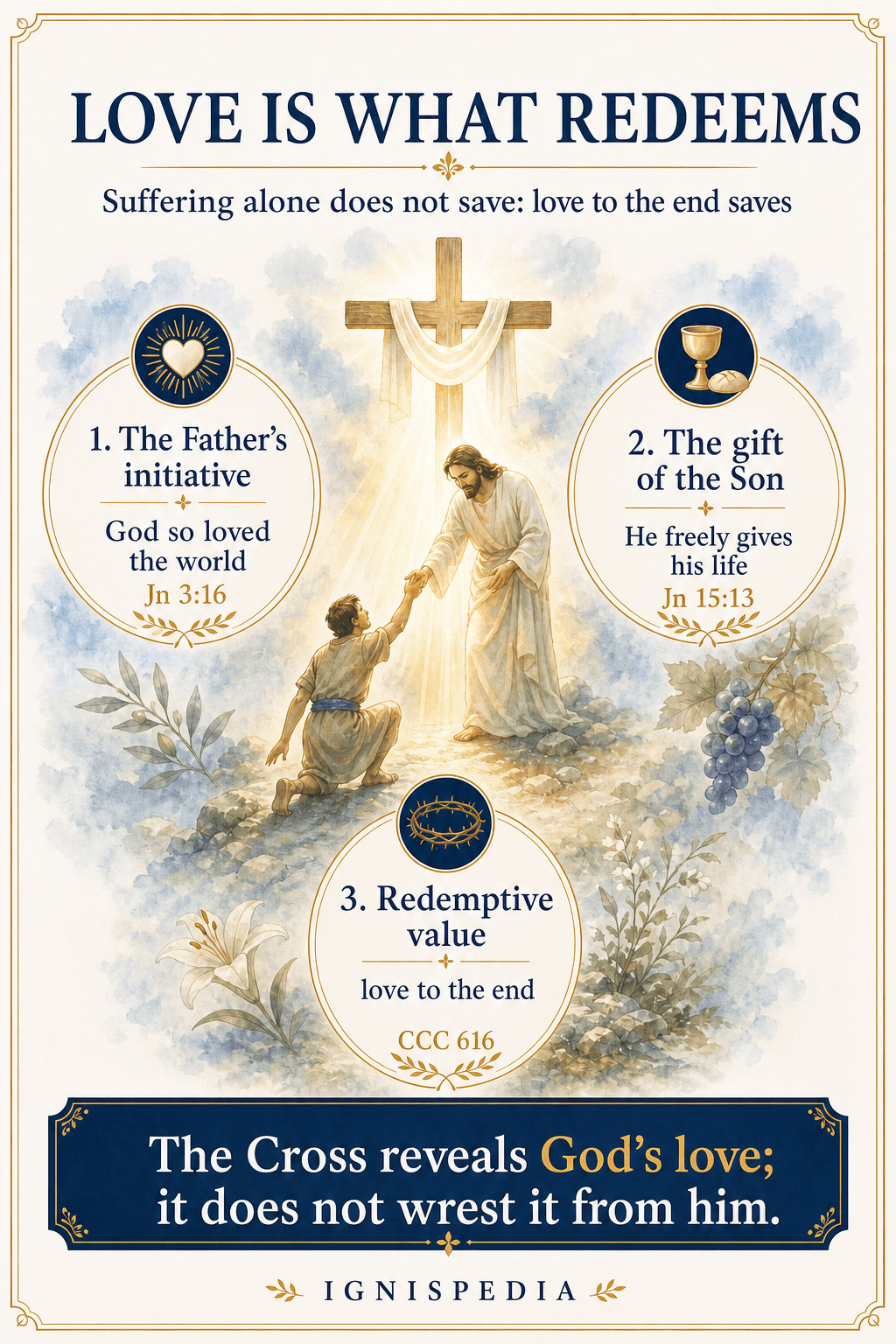 Infographic: love is what redeems — the Father’s initiative, the Son’s gift, and love to the end