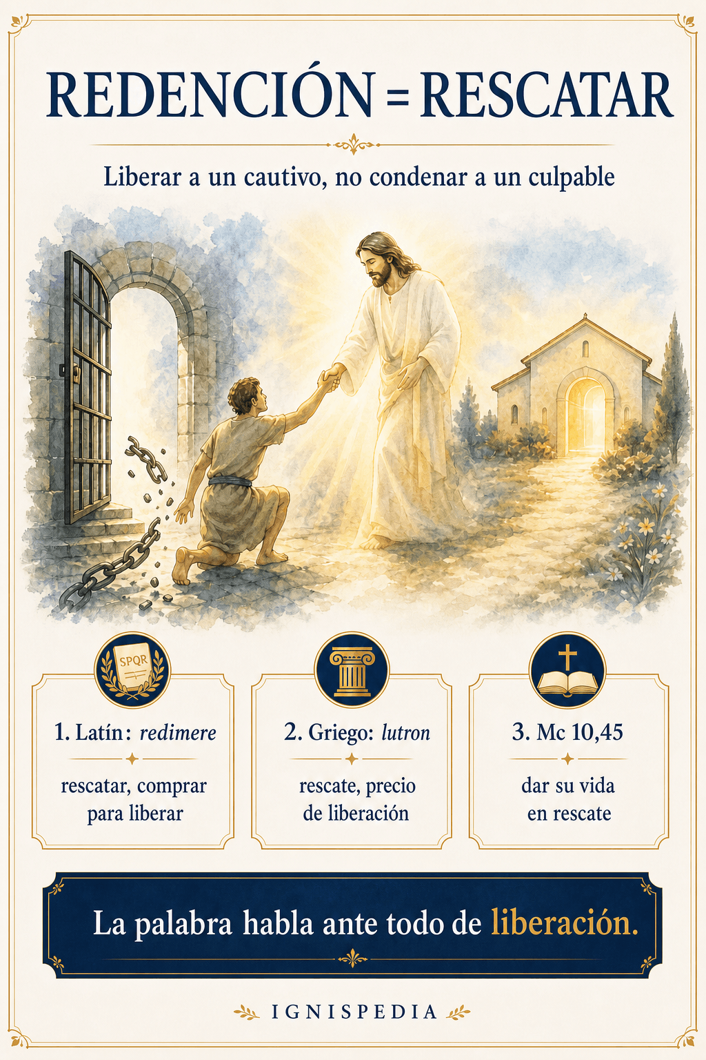 Infografía: la palabra redención viene del latín redimere, rescatar, y del griego lutron, rescate — rescatar a un cautivo para devolverle la libertad