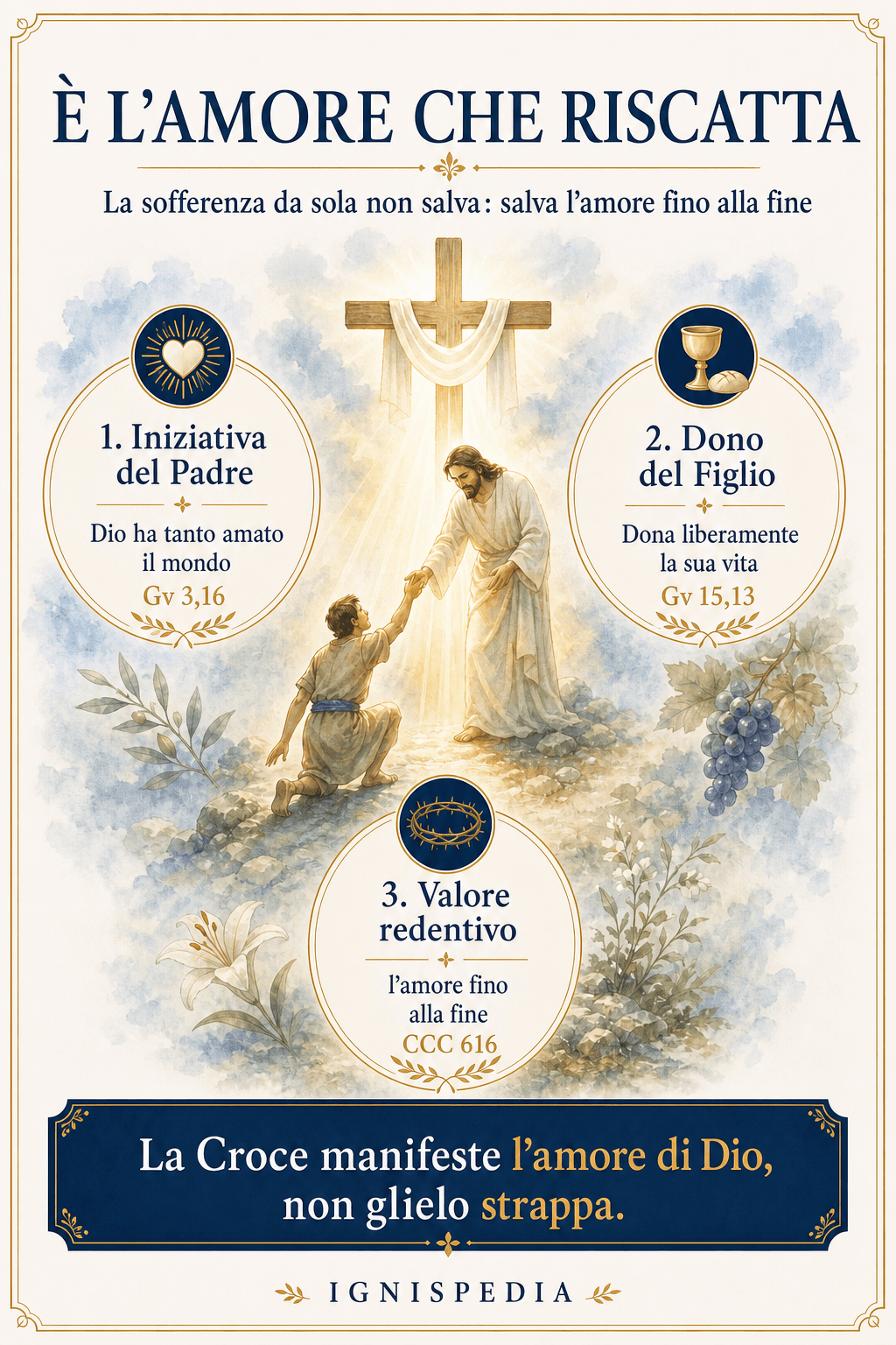 Infografica: è l'amore che riscatta — iniziativa del Padre, dono del Figlio, amore fino alla fine