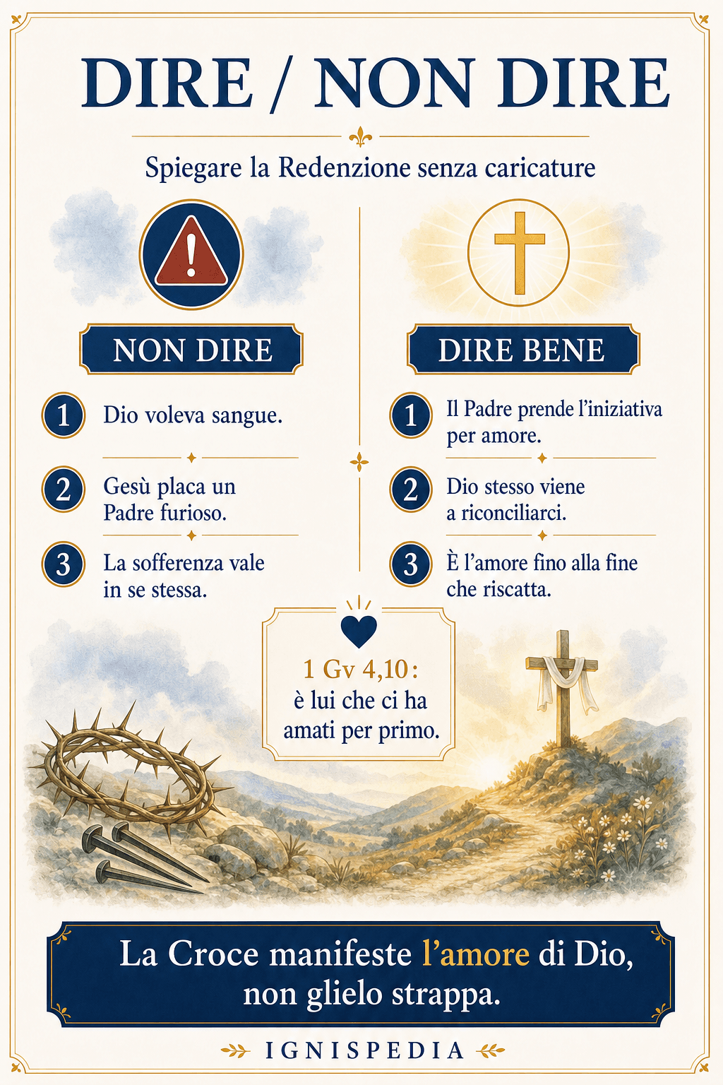 Infografica che confronta ciò che bisogna dire e ciò che non bisogna dire per spiegare la Redenzione senza caricature