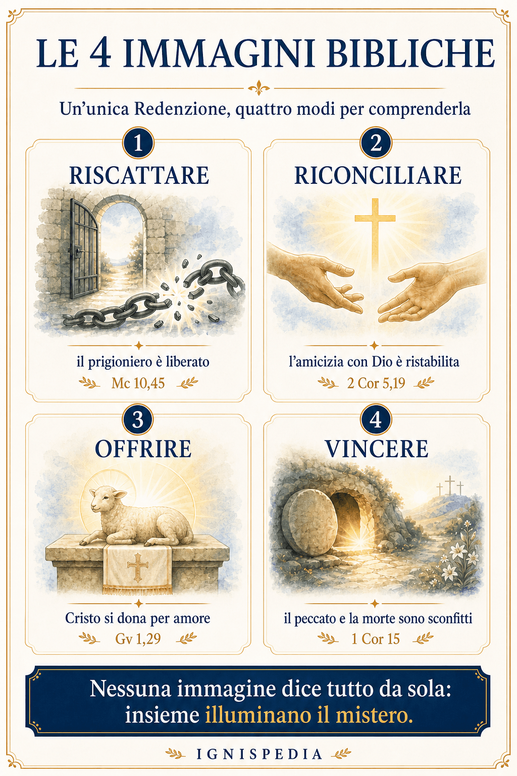 Infografica: le quattro grandi immagini bibliche della Redenzione — riscattare, riconciliare, offrire in sacrificio, vincere la morte