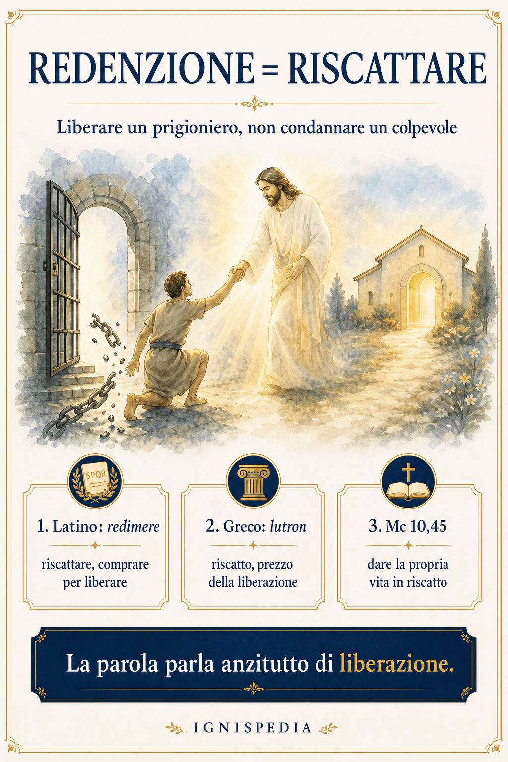 Infografica: la parola redenzione viene dal latino redimere, riscattare, e dal greco lutron, riscatto — riscattare un prigioniero per restituirgli la libertà