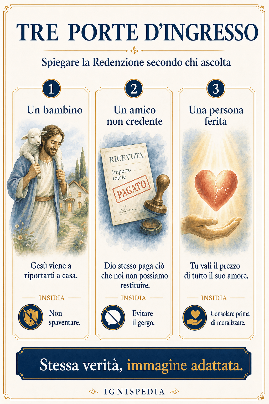 Infografica: tre modi di spiegare la Redenzione secondo l'interlocutore — il bambino, l'amico non credente, la persona ferita
