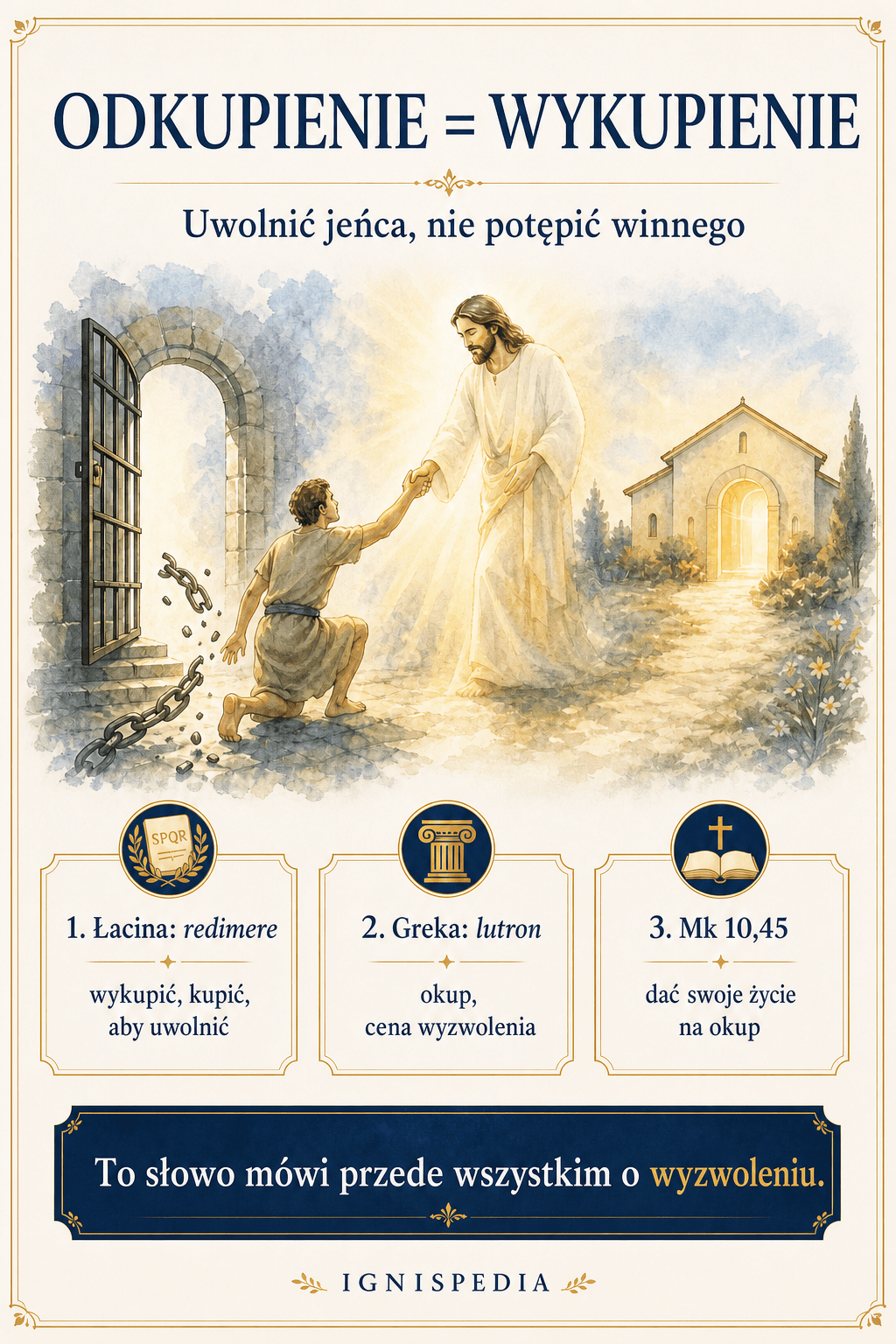 Infografika: słowo odkupienie wyraża wykupienie jeńca i przywrócenie mu wolności — łacińskie redimere i greckie lutron