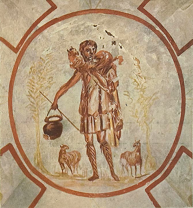 Der Gute Hirte, frühchristliches Fresko aus den römischen Katakomben — Bild der Erlösung als Suche und Heimführung des verlorenen Schafes