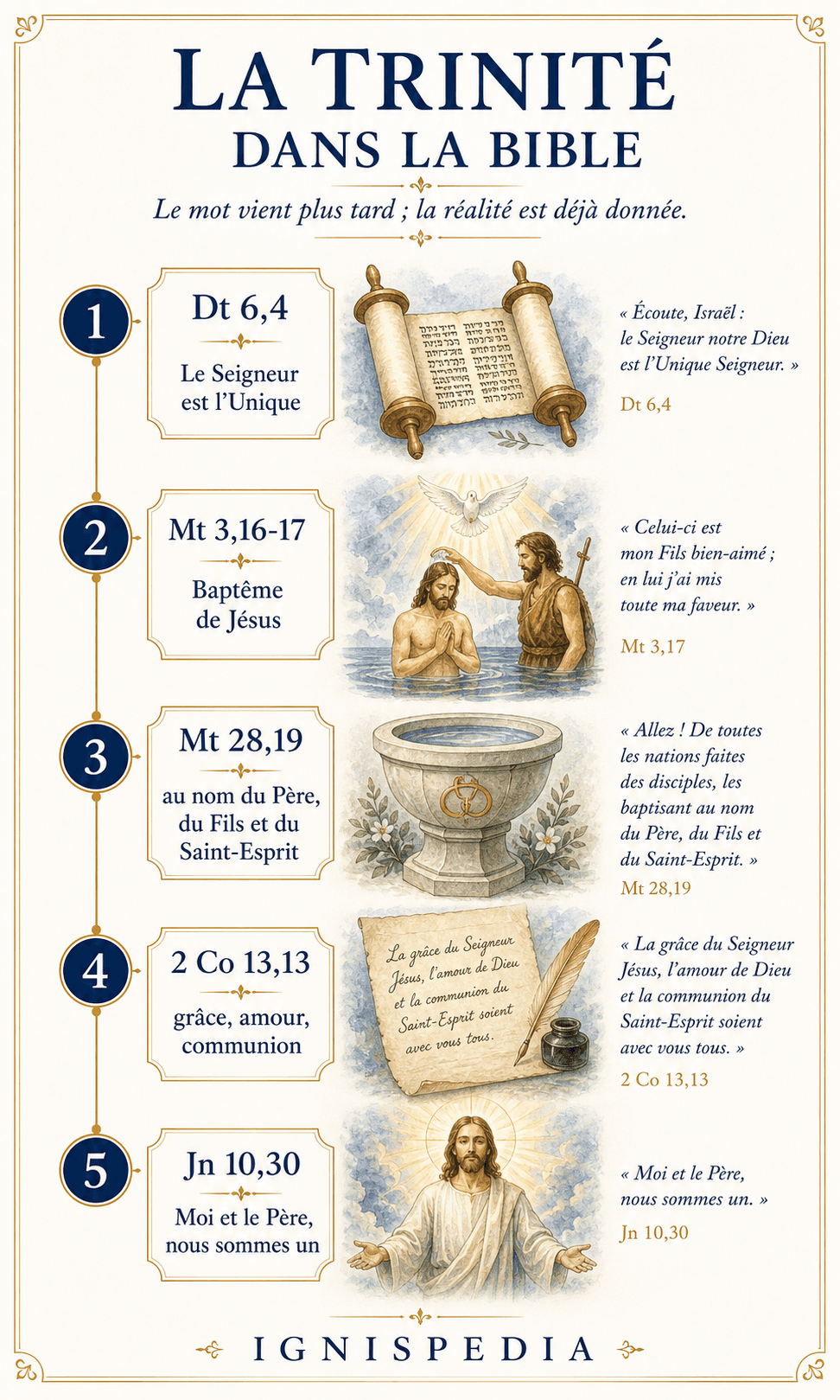 La Trinité dans la Bible : Deutéronome, Baptême du Christ, mission baptismale, bénédiction paulinienne, unité du Père et du Fils