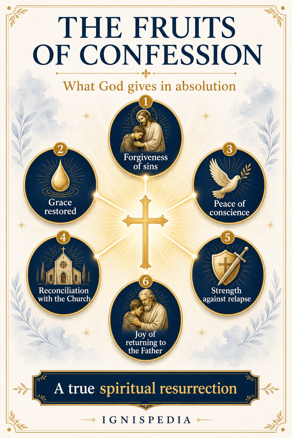 Infographic — the fruits of confession: forgiveness, grace restored, peace, reconciliation with the Church, strength, joy