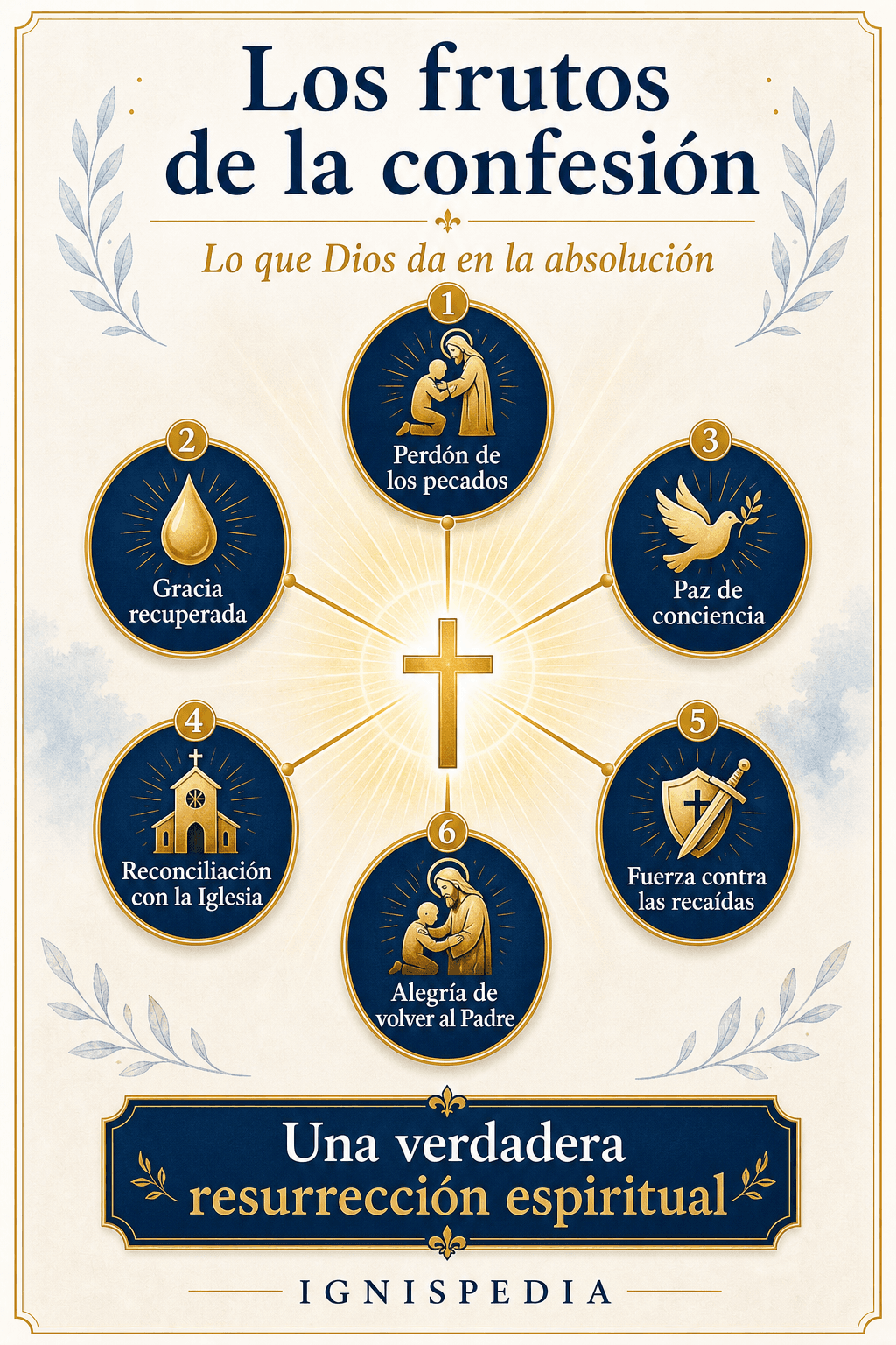 Infografía — los frutos de la confesión: perdón, gracia recuperada, paz, reconciliación con la Iglesia, fuerza, alegría