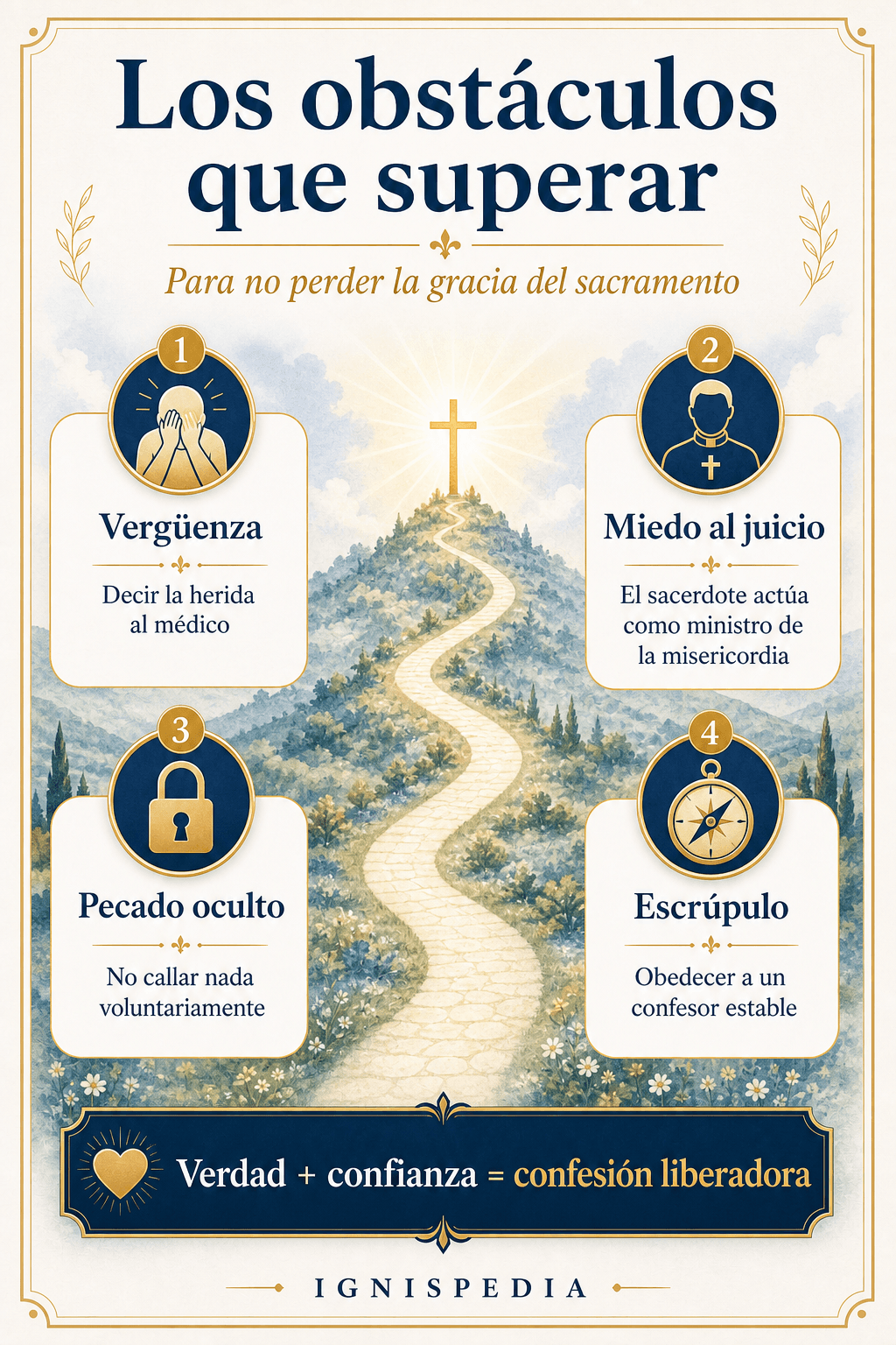 Infografía — obstáculos que superar para una buena confesión: vergüenza, miedo al juicio, pecado oculto, escrúpulo