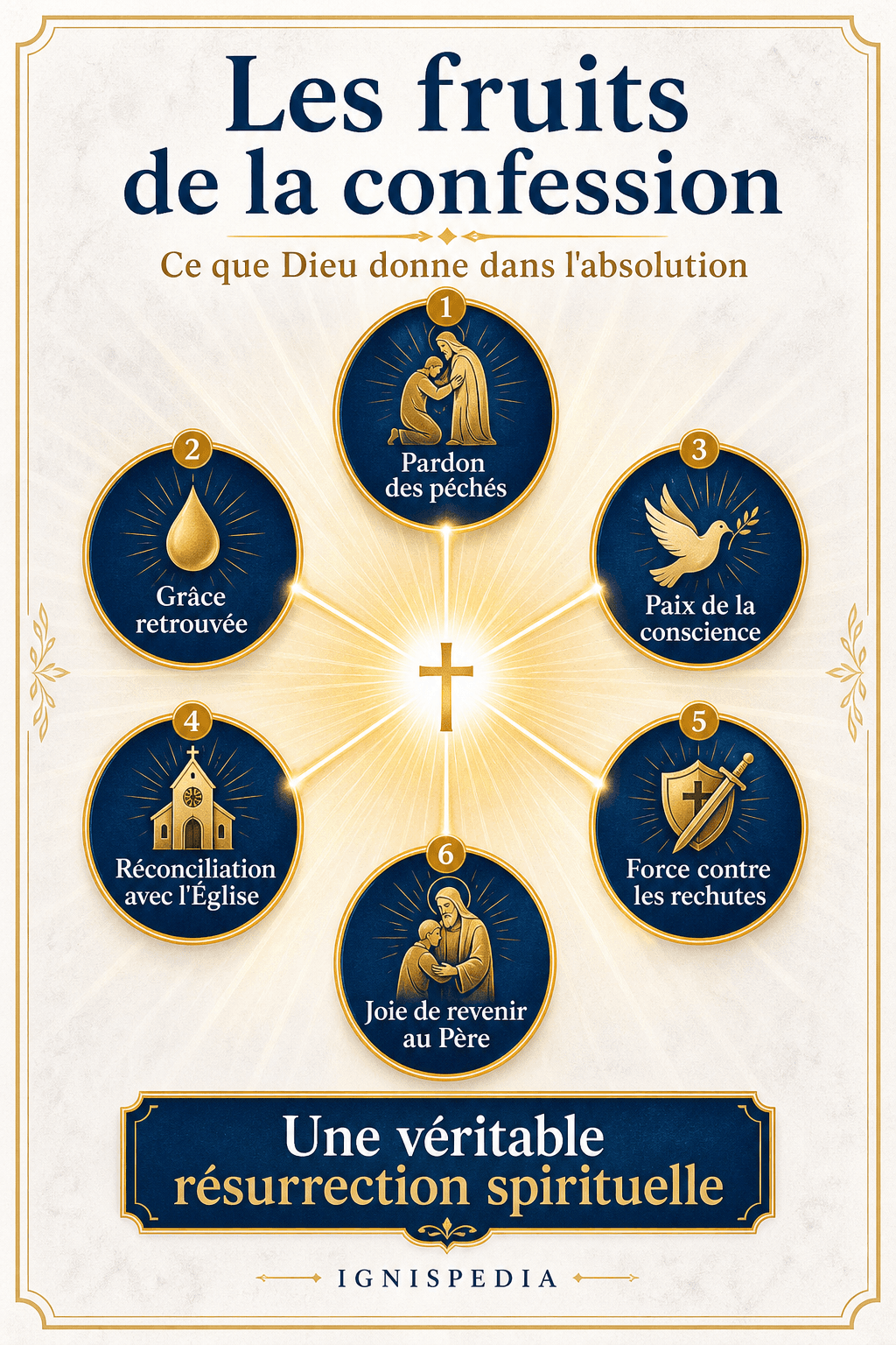 Infographie — les fruits de la confession : pardon, grâce retrouvée, paix, réconciliation avec l'Église, force, joie