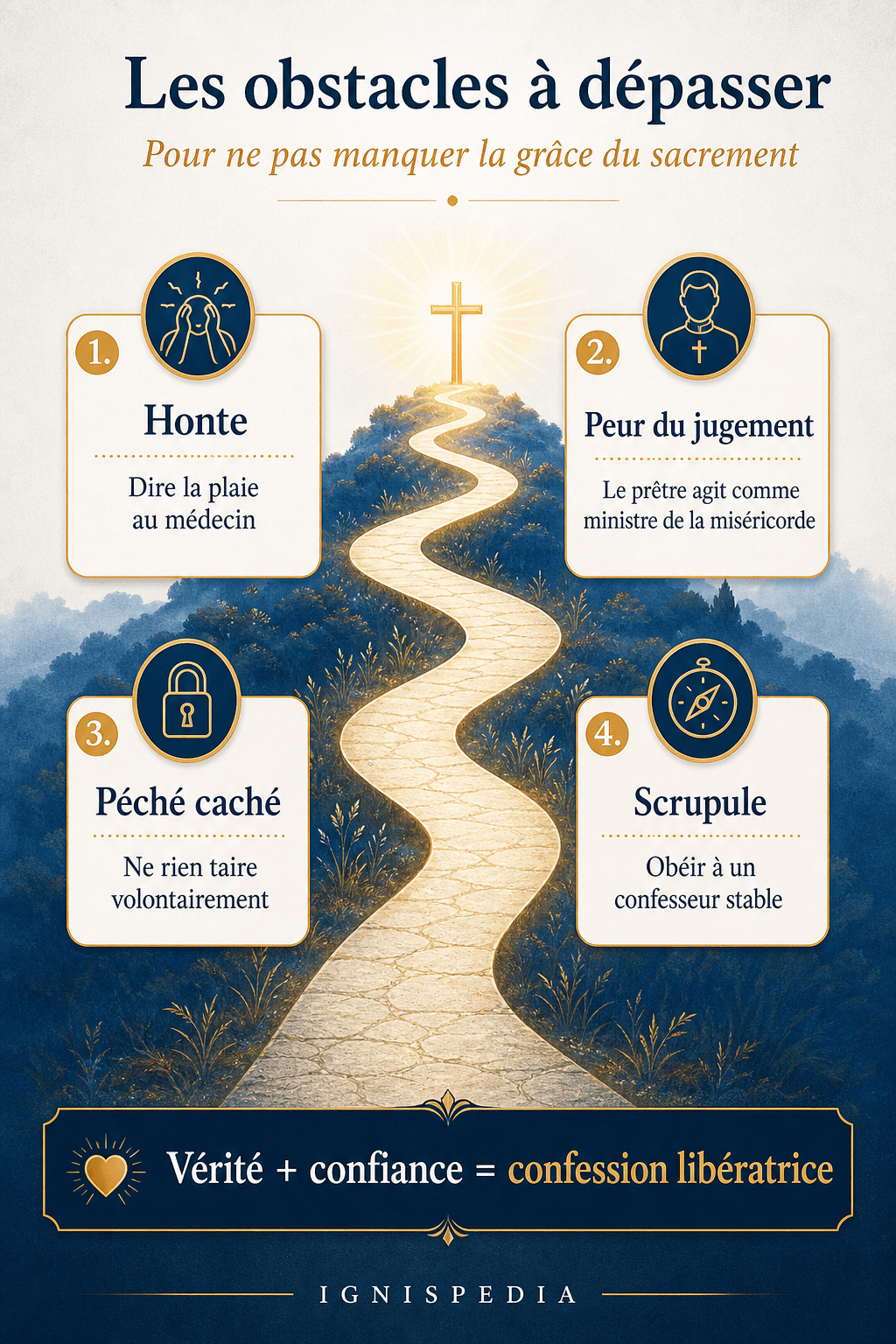 Infographie — les obstacles à dépasser pour une bonne confession : honte, peur du jugement, péché caché, scrupule