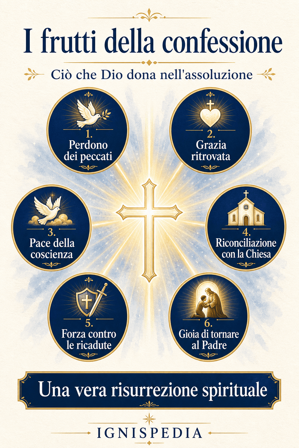 Infografica — i frutti della confessione: perdono, grazia ritrovata, pace, riconciliazione con la Chiesa, forza, gioia
