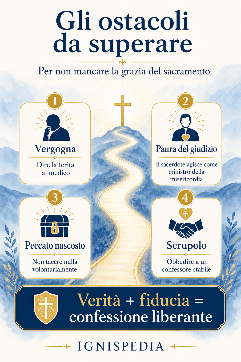 Infografica — gli ostacoli da superare per una buona confessione: vergogna, paura del giudizio, peccato nascosto, scrupolo