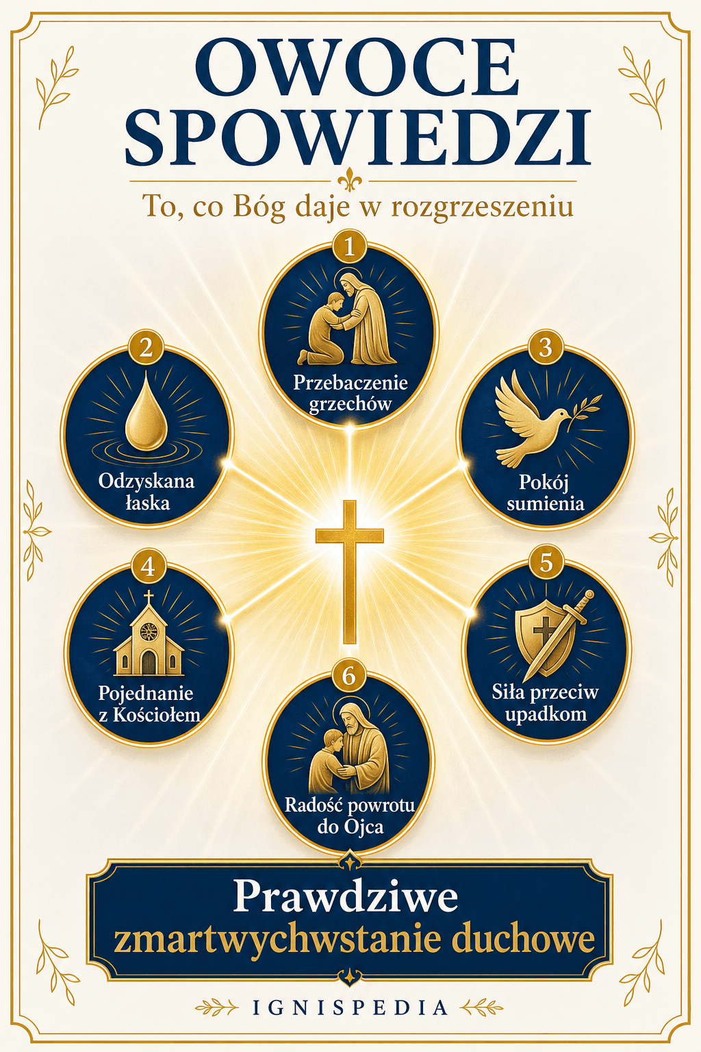 Infografika — owoce spowiedzi: przebaczenie, odzyskana łaska, pokój, pojednanie z Kościołem, siła, radość