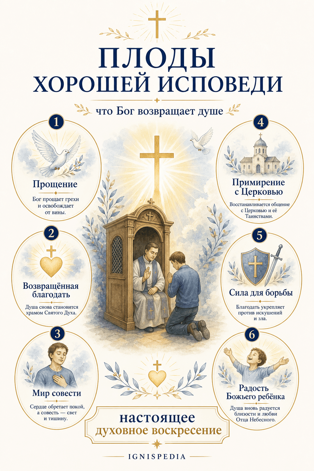 Инфографика — плоды исповеди: прощение, возвращенная благодать, мир, примирение с Церковью, сила, радость