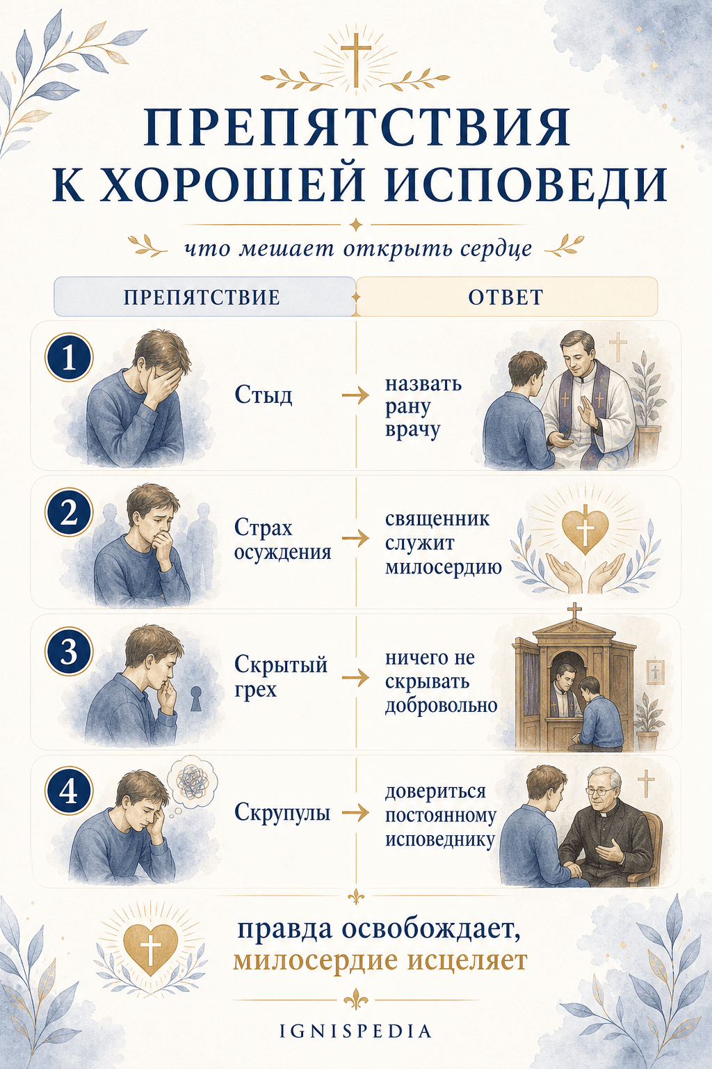 Инфографика — препятствия к хорошей исповеди: стыд, страх осуждения, скрытый грех, скрупулы