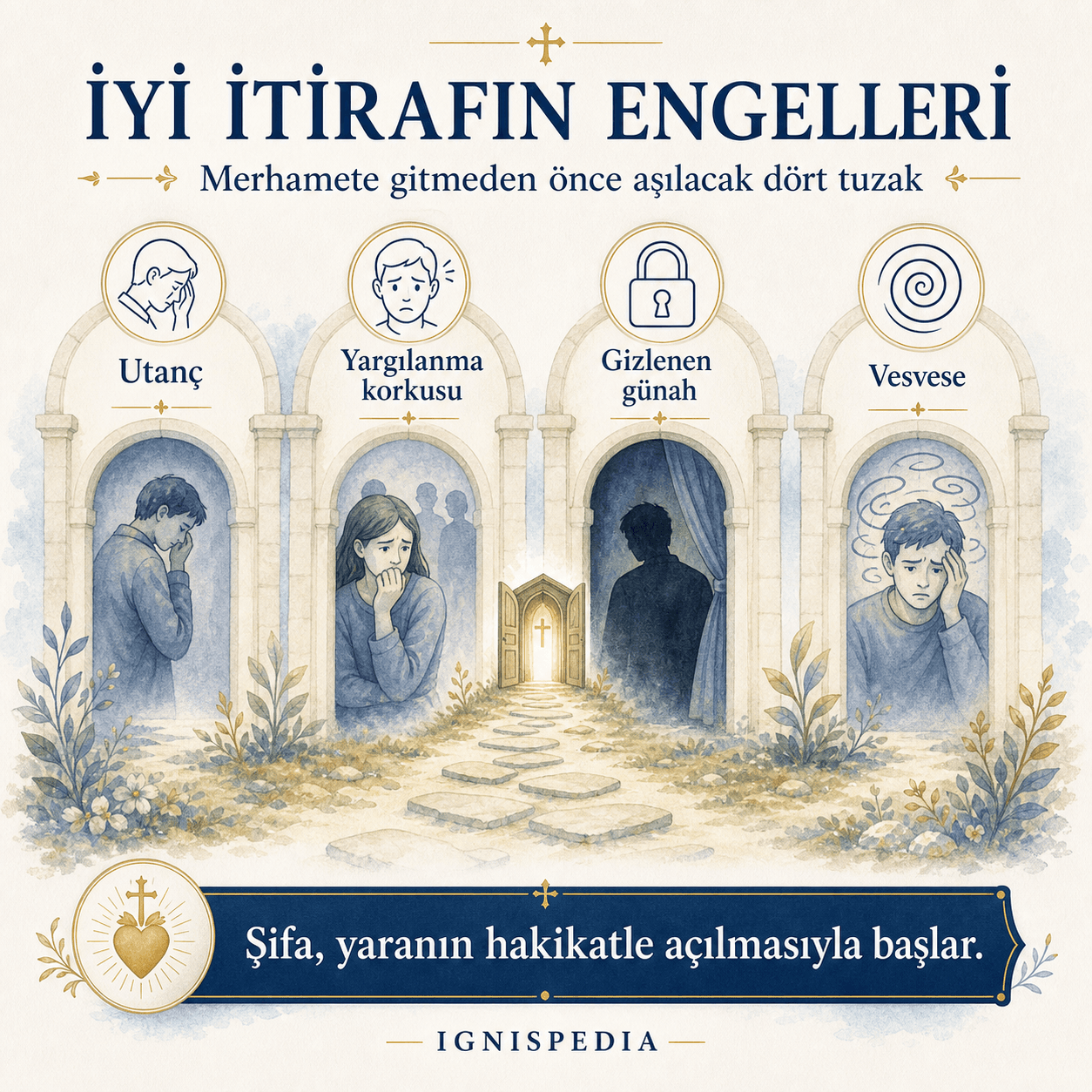 İnfografik — iyi bir itirafın aşması gereken engeller: utanç, yargılanma korkusu, gizlenen günah, vesvese