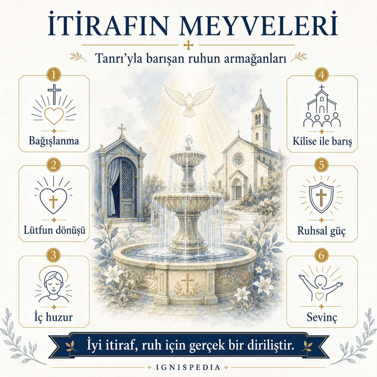 İnfografik — itirafın meyveleri: bağışlanma, lütfun dönüşü, iç huzur, Kilise ile barış, ruhsal güç, sevinç